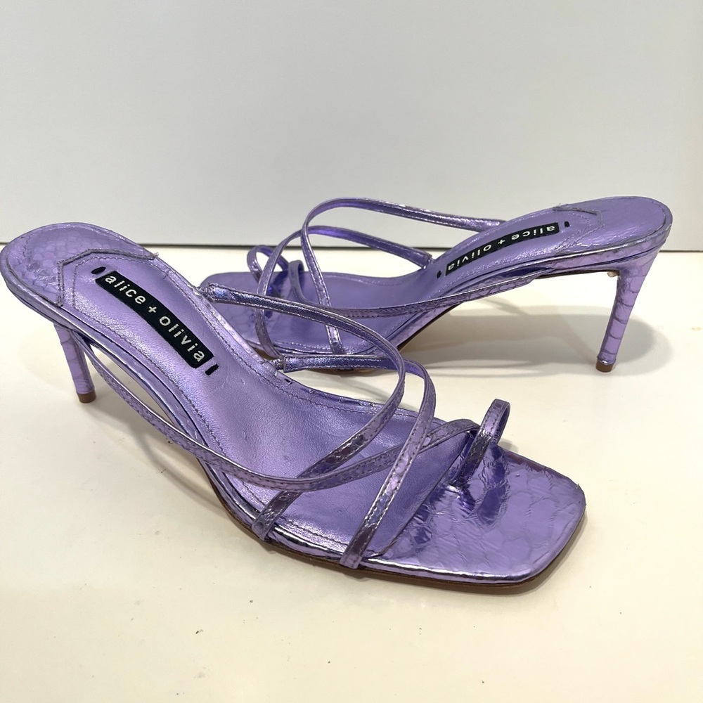 ALICE + OLIVIA SABRINE Leather Purple Metallic Slip On Slides 8
